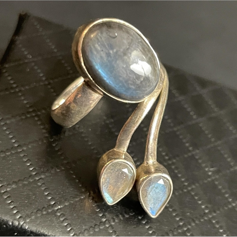 Sterling Silver Bypass Ring Statement Art Glass 925 Size 8.5